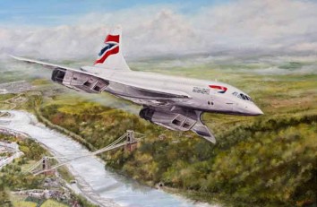 Oil painting on canvas of Concorde over sispension bridge by David Hutton