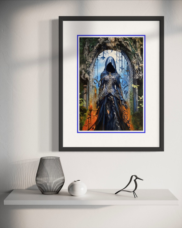 Imaginations fine arts. The Gate Guardian. Printed on Archival Matt Marrutt paper and using high definition inks.  Double mounted and shrink wrapped ready for framing. Print taken from oil Painting on canvas  by the artist Yad Ekim