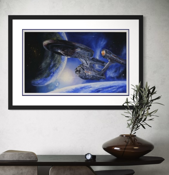 Imaginations fine arts. Star Ship Enterprise. Printed on Archival Matt Marrutt paper and using high definition inks.  Double mounted and shrink wrapped ready for framing. Taken from Painting oil on canvas  by the artist David Hutton.