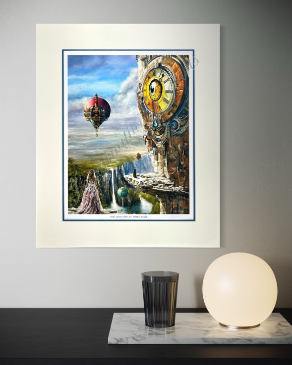 Imaginations fine arts. The Watcher At Times Edge. Printed on Archival Matt Marrutt paper and using high definition inks.  Double mounted and shrink wrapped ready for framing. Print taken from oil Painting on canvas  by the artist Yad Ekim