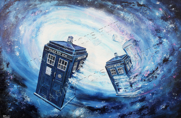 Dr Who Tardis spiraling through space