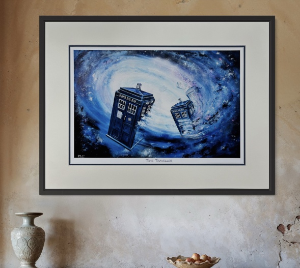Imaginations fine arts. Time Traveller.Printed on Archival Matt Marrutt paper and using high definition inks.  Double mounted and shrink wrapped ready for framing. Print taken from Painting oil on canvas  by the artist Zoe Fielding